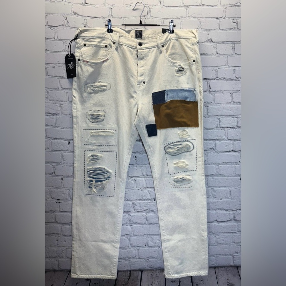 PRPS Demon 42 Slim Fit Mid Rise Jeans beige Denim Patches, new